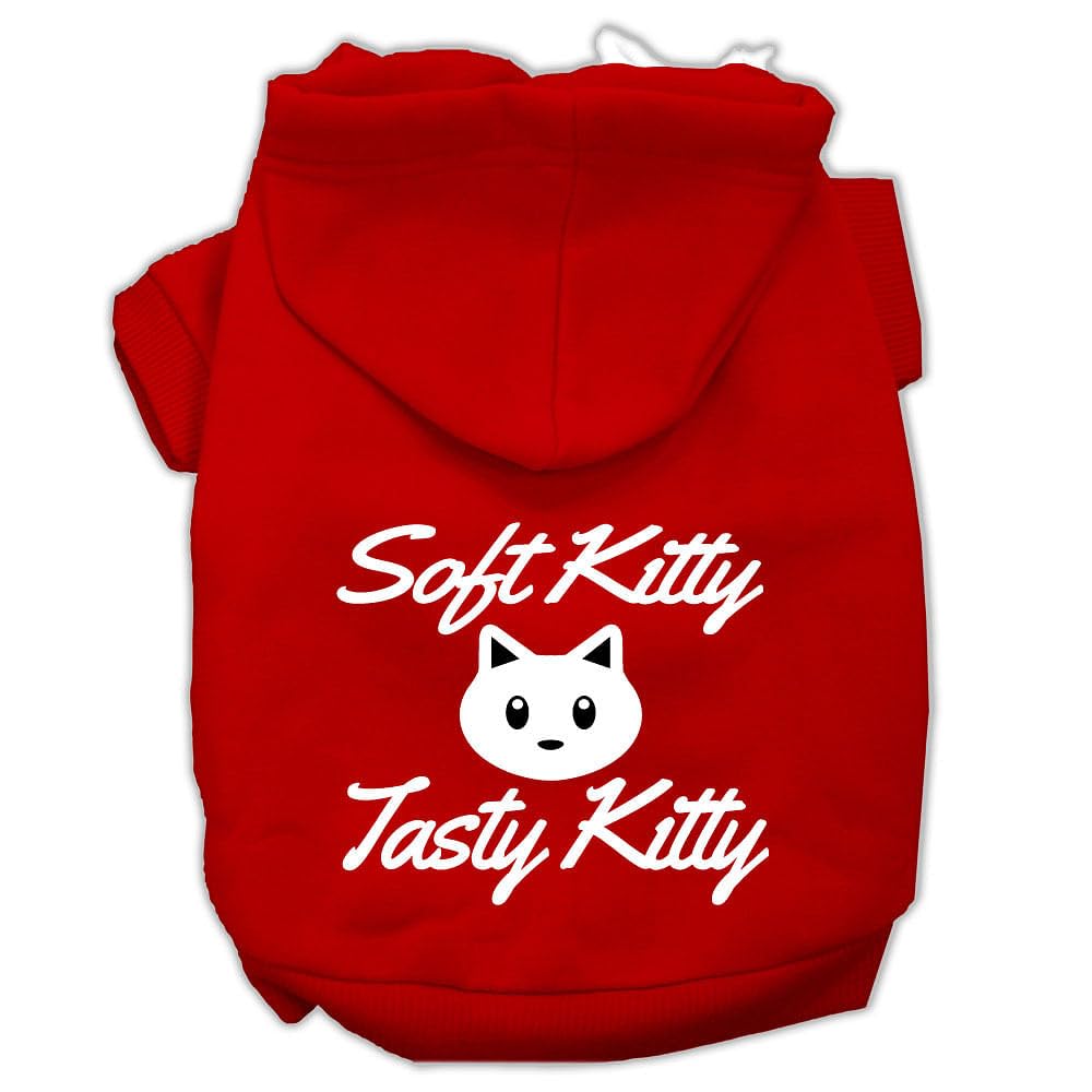 Pet Dog & Cat Hoodie Screen Printed, 'Soft Kitty, Tasty Kitty' Red Xs (0-3 Lbs.)