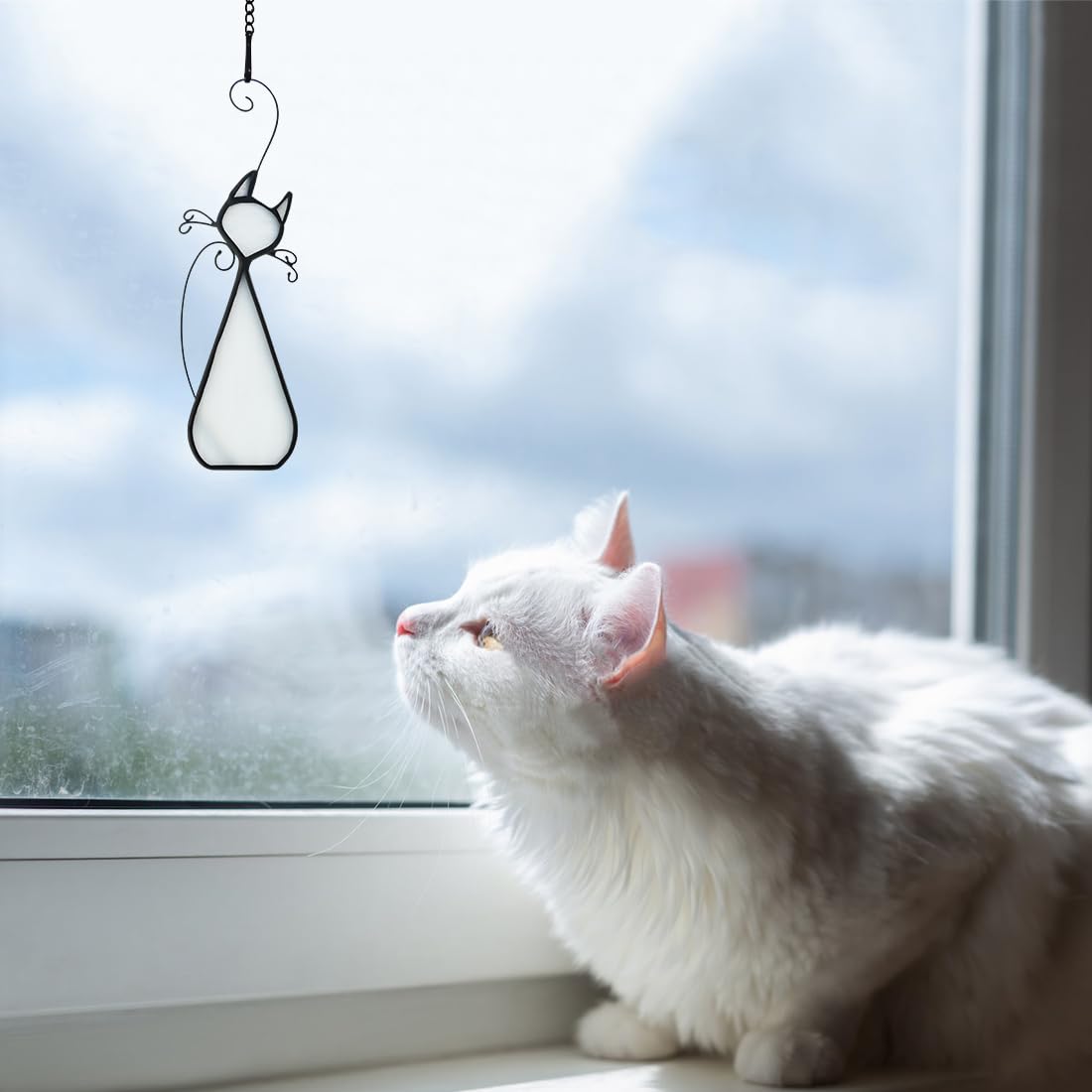 Boxcasa White Cat Stained Glass Window Hanging - Handcrafted Suncatcher For Cat Lovers - Home Decor Gifts For Women - Living Roo