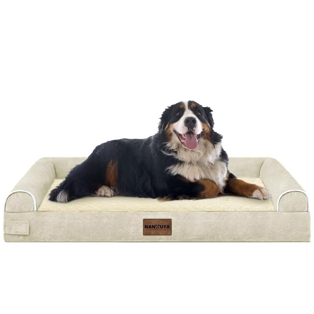 Large Dog Bed Orthopedic Washable: Jumbo Dog Bed Bolster Extra Large Dogs Egg Crate Foam Sofa Couch Waterproof Removable Cover - Beige