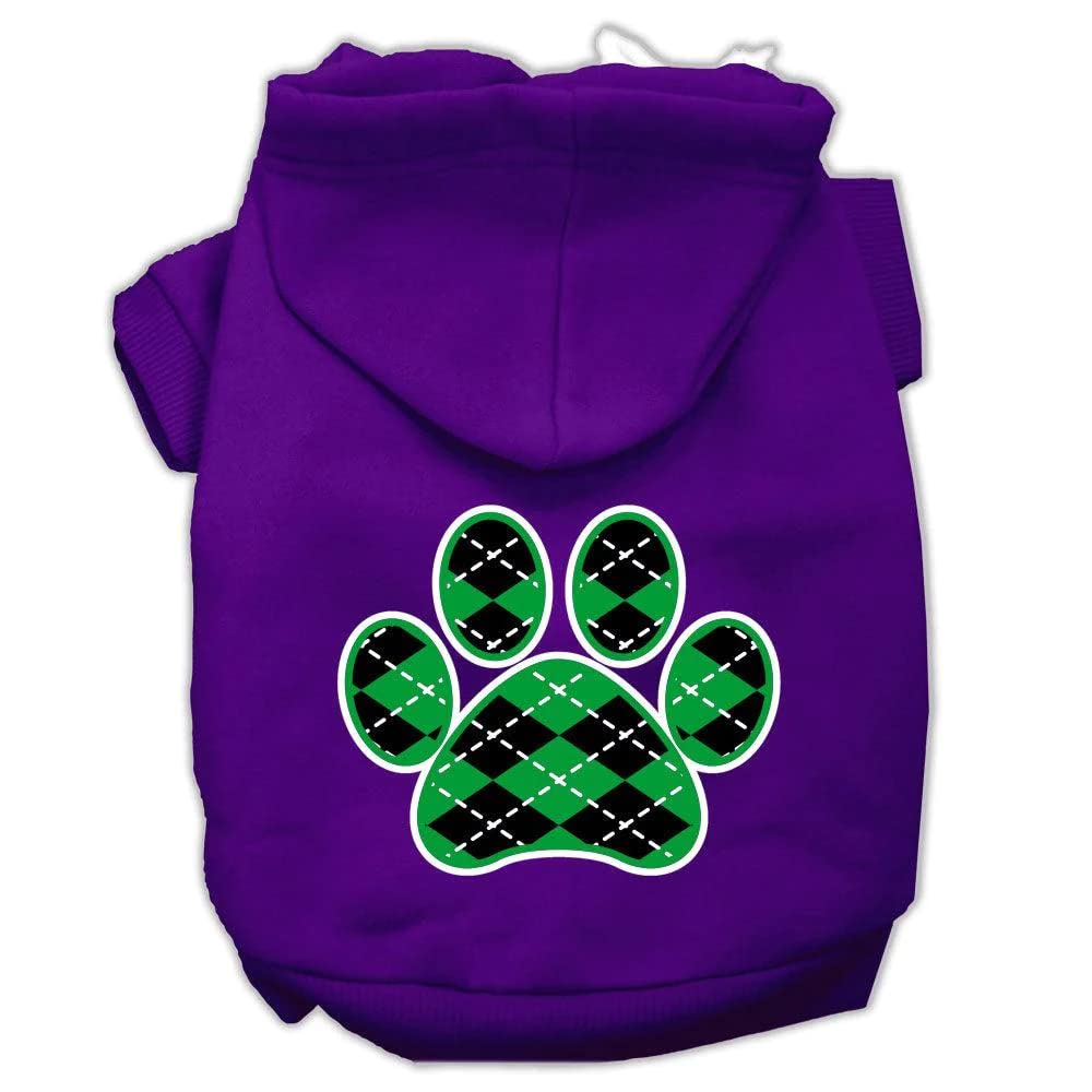 Pet Dog & Cat Hoodie Screen Printed, Green Argyle Paw Purple XS (0-3 lbs.)