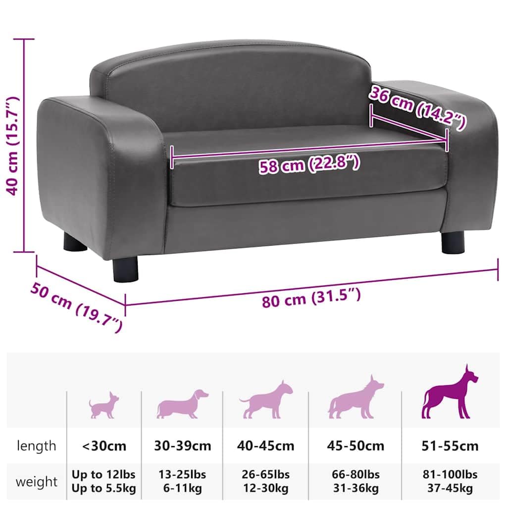 vidaXL Faux Leather Dog Sofa in Gray with Wooden Frame and Sturdy Wooden Legs - Ideal Pet Bed for Small Dogs and Cats
