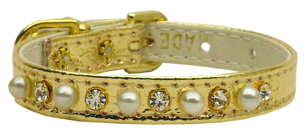 Dog, Puppy and Pet Collar, 3/8&quot; Wide Pearl & Clear Crystals - 8 - Gold