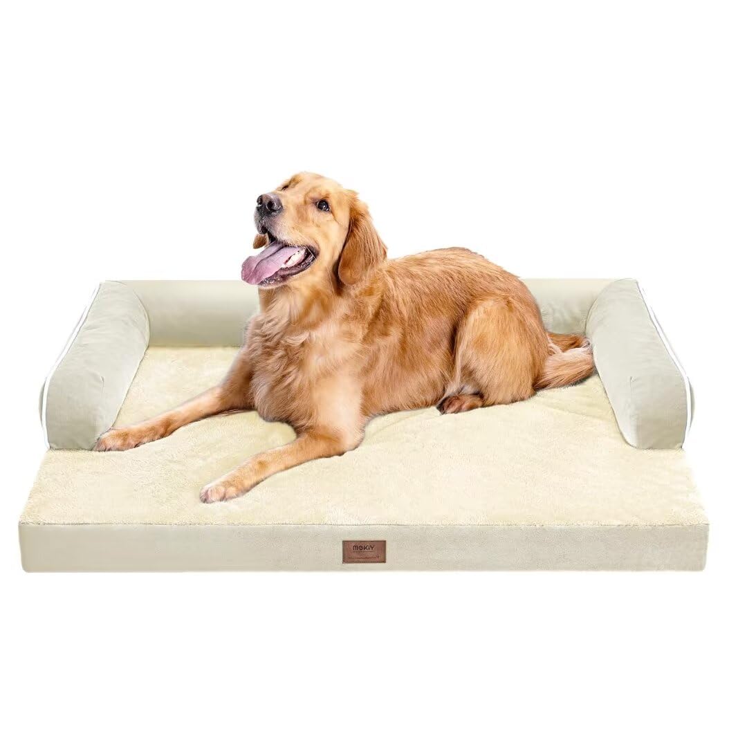 Large Dog Bed Orthopedic Washable: Extra Large Big Dog Bed With Removable Bolster & Memory Foam Couch Sofa - Waterproof Washable With Cover - Beige Dog Bed