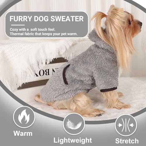 Dog Sweater Hoodie Fleece Warm Fuzzy Velvet Sweaters Winter Clothes For Small Dogs Girl Boy (Gray, Small)