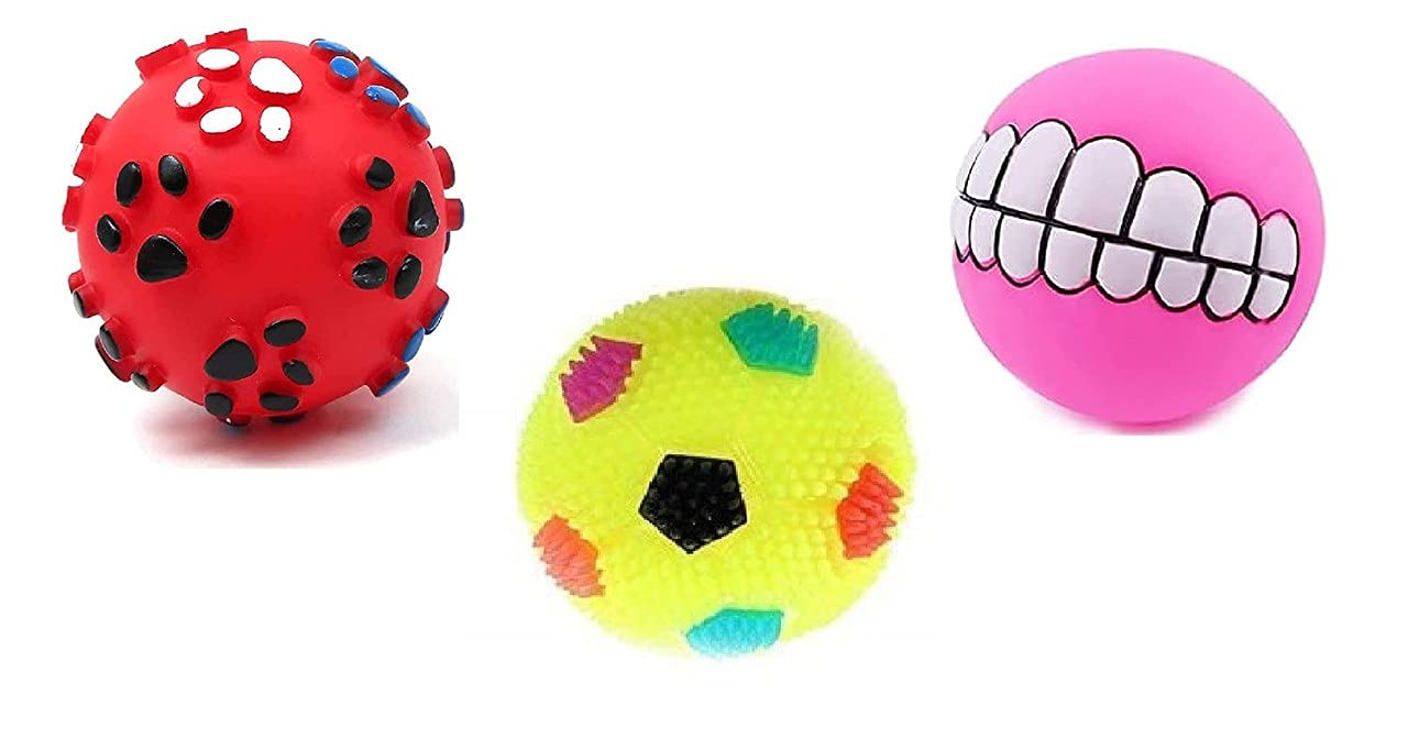 Dog Trust Dog Ball And Squeaky Toys 3 In 1 Combo For Dogs Puppy Cats (Paw Print+Led Ball+Funny Teeth Ball) Color May Very