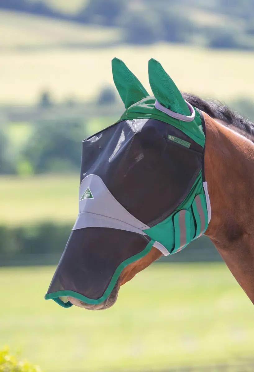 Shires Fly Guard Deluxe Fly Mask with Ears & Nose (Green, Extra Full)