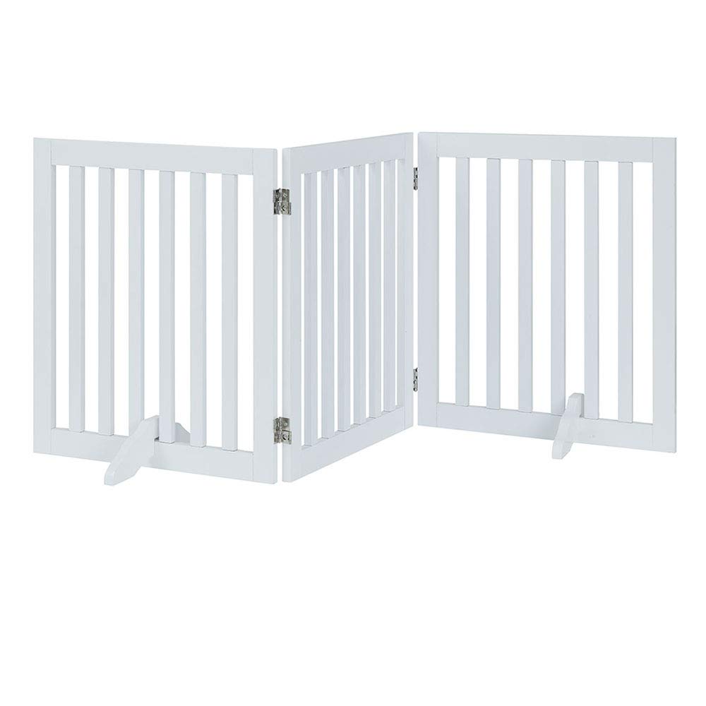 Unipaws 24”H Free Standing Pet Gate For Dog Cat, Wooden Dog Gates For Doorway, Stairs, Step Over Foldable Pet Fence For The House, Expandable Dog Barrier, Indoor Use, White