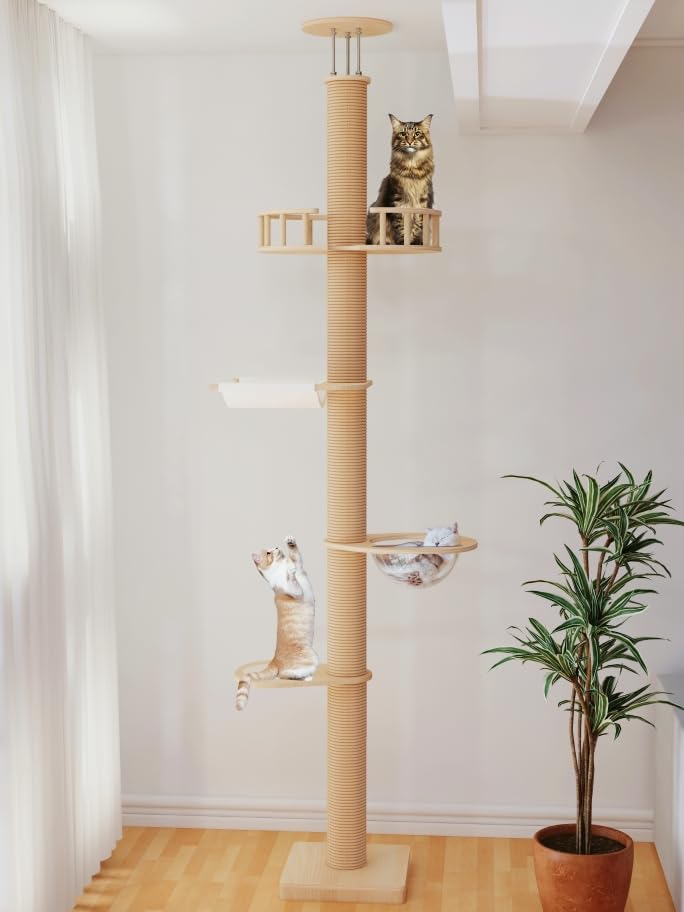 Floor To Ceiling Cat Trees For Kittens&Large Cats With Natural Rope, Tall Cat Tree To Ceiling,Adjustable Height 82-112 Inches, D