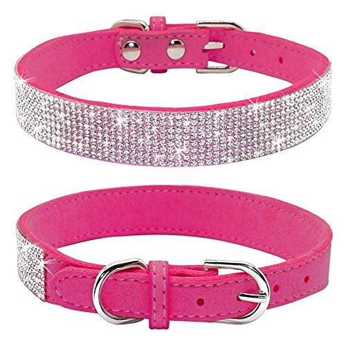 Haoyueer Rhinestone Dog Collar, Cute Dazzling Sparkling Soft Suede Leather Dog Cat Rhinestone Collar Crystal Diamond Pet Dog Puppy Collar(Hot Pink,Xxs 15.5 - 21 Cm)