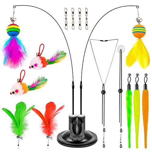 Hosfroll Cat Toys Wand, Interactive Cat Toy With Super Suction Cup Sticky Detachable 12 Pcs Feather Replacements 2 Wands Cat Spring Feather Toys For Indoor Cats Kitten Toys (9 Toys Double Headed)