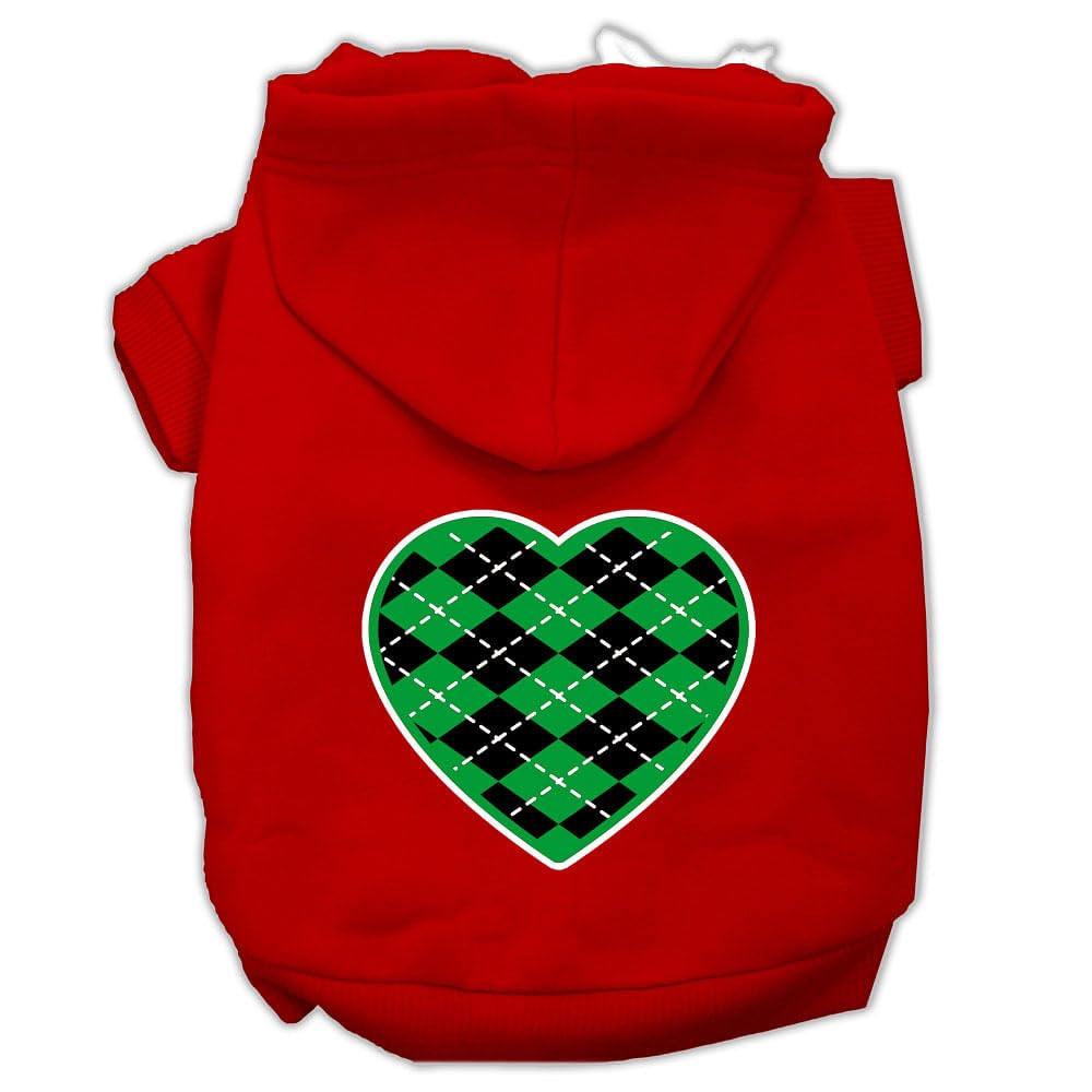 Pet Dog & Cat Hoodie Screen Printed, 'Green Argyle Heart' Red Xl (14-20 Lbs.)