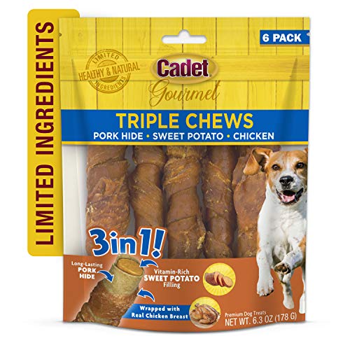 Cadet Gourmet Triple Chews Dog Treats - Long-Lasting Pork Hide Sticks with Sweet Potato & Chicken, 6.3 oz, Healthy for Small & Large Dogs