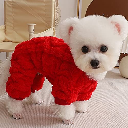 Loyanyy Plush Dog Pajamas For Cold Weather 4 Legged Clothes For Dog Cat Stretchy Puppy Kitten Onesie With Buttons Warm Soft Pet Jumpsuit Winter Coat Red X-Large