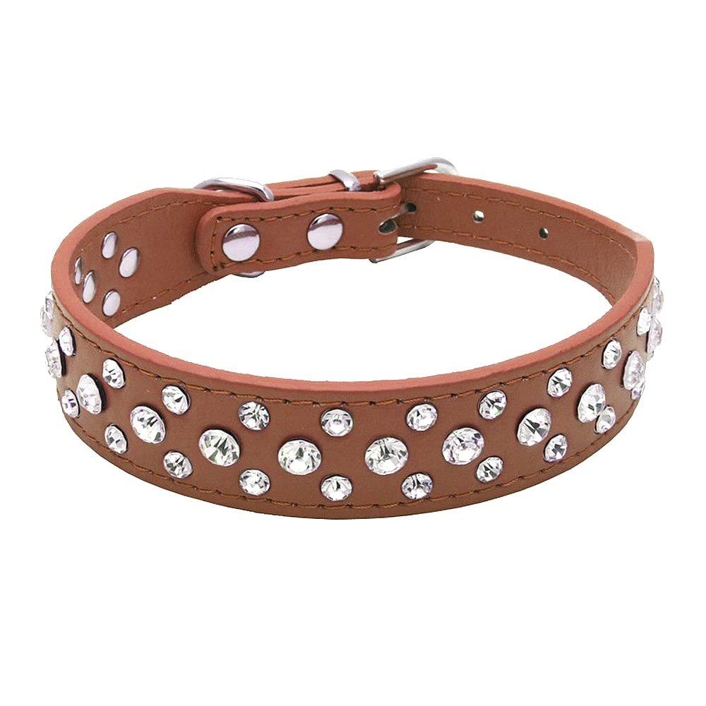 Haoyueer Bling Rhinestone Pu Leather Crystal Diamond Pet Dog Cat Puppy Collar Black S M L Xl (M, Brown)