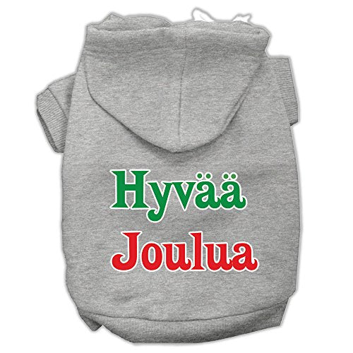 Pet Dog & Cat Hoodie Screen Printed, Hyvaa Joulua Gray SM (3-6 lbs.)