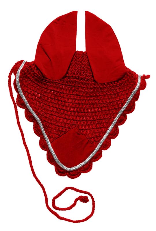 Crocheted Fly Hood Horse Ear Bonnet with Silver Metallic Piping Trim (Red)