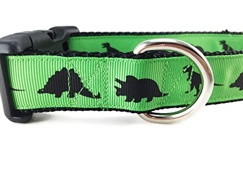 Dinosaur Dog Collar, Caninedesign, Green, T-Rex, Stegosaurus, Triceratops, 1 Inch Wide, Adjustable, Nylon, Medium And Large (Medium 13-19')