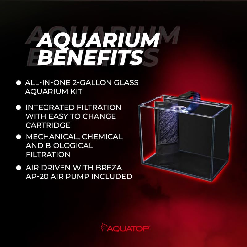 Aquatop Venti Professional Showcase Glass Aquarium Kit, 2-Gal – All-In-One Freshwater With Led Light - Breza Air Pump & Replaceable Filter Cartridge