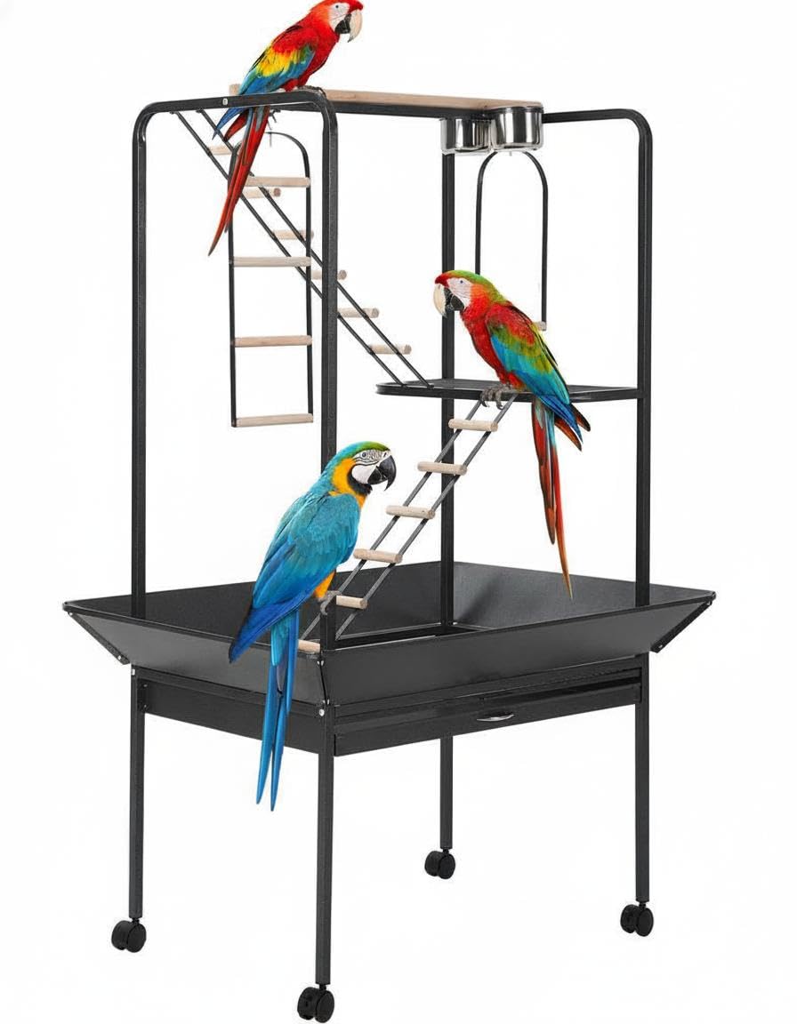 Garvee 64 H Inch Birdcage Stand Play Center with Perches and Ladders, Indoor Outdoor Playground for Birds, Bird Playstand w/Ro