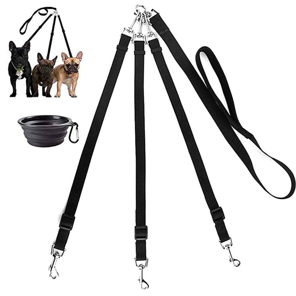 3 Way Dog Leash + A Collapsible Travel Bowl, Nylon Adjustable Coupler No Tangle Detachable 3 In 1 Multiple Dog Pet Cat Puppy Leash With Soft Padded Handle (Black)