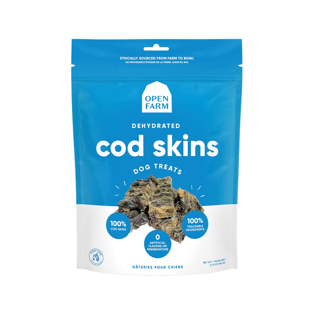 Open Farm Dehydrated Cod Skin Grain-Free Dog Treats, One-Ingredient Gently Cooked Pacific Fish Recipe with No Artificial Flavors