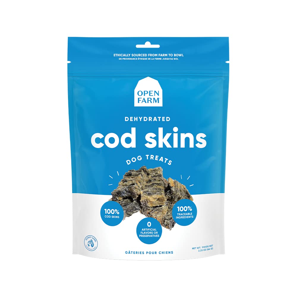 Open Farm, Dehydrated Dog Treats, High Protein & Low Carbohydrate Cod Skins, Crunchy Texture, Single Ingredient Wild-Caught Cod Skins Recipe, 2.25Oz Pouch