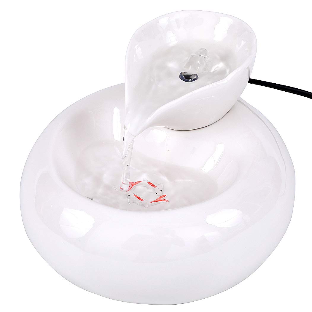 Rose Create Ceramic Cat Drinking Water Fountain, 1.3 Liters Pet Water Fountains For Cats And Dogs, Electric Pet Water Dispenser With Quiet Pump And 5 Replacement Filters - White Leaf Style