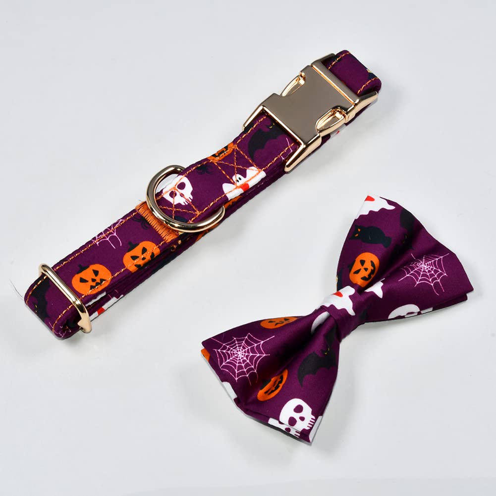 Nesttimes Halloween Bats,Ghosts,Black Cats & Pumpkins Dog Bow Tie Dog Collar,Detachable Bowtie, Adjustable Collar For Small Medium Large Dogs , S(10 --16'')
