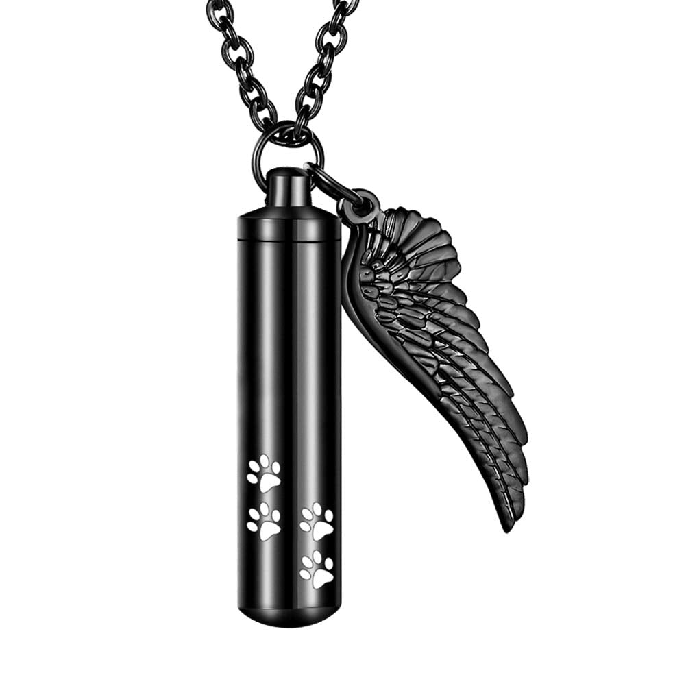 Abooxiu Cylinder Cremation Necklace For Pet Ashes Urn Necklace With Angel Wing Pet Paw Ashes Necklace For Dog/Cat Pet Memorial Keepsake Jewelry