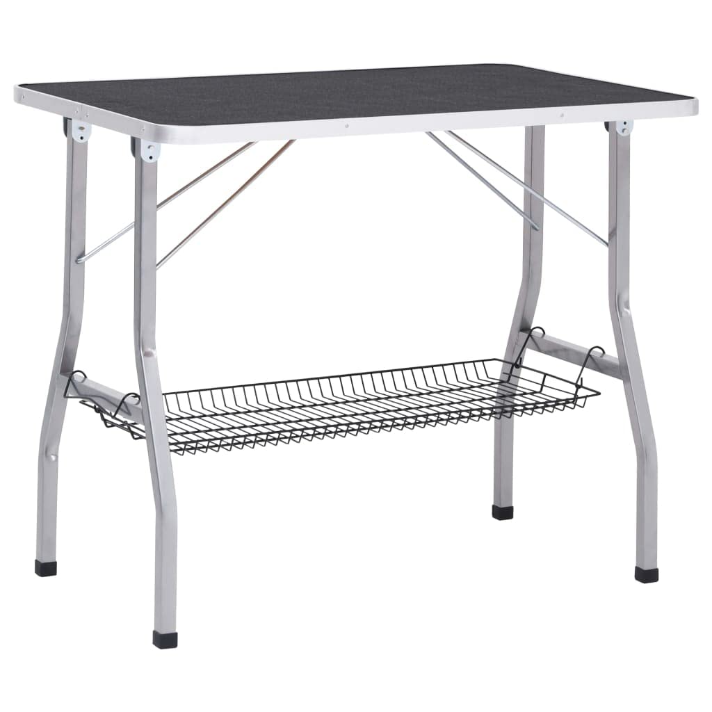vidaXL Adjustable Dog Grooming Table with 2 Loops and Storage Basket - Steel and Engineered Wood Structure, Non-Slip Tabletop, Height Adjustable Arm, Foldable for Easy Storage, Safe Round Corners