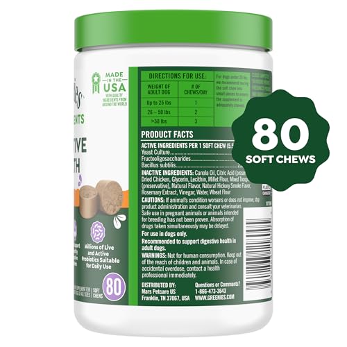 Greenies Supplements Digestive Health Probiotics for Dogs Chicken Flavor, 15.6 oz. Tub of 80 ct.