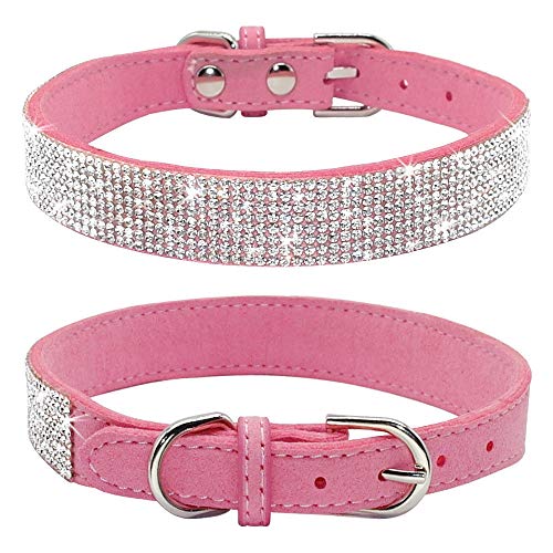 Haoyueer Rhinestone Dog Collar, Cute Dazzling Sparkling Soft Suede Leather Dog Cat Rhinestone Collar Crystal Diamond Pet Dog Puppy Collar(Pink,L 38-46 Cm)
