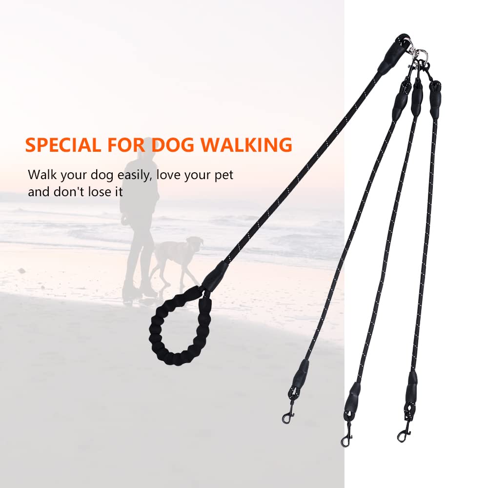 Three Dog Leash - Comfortable Double Leash With Reflective, 360 Swivel No Tangle Training For Large Medium Small Dogs (Black, Th