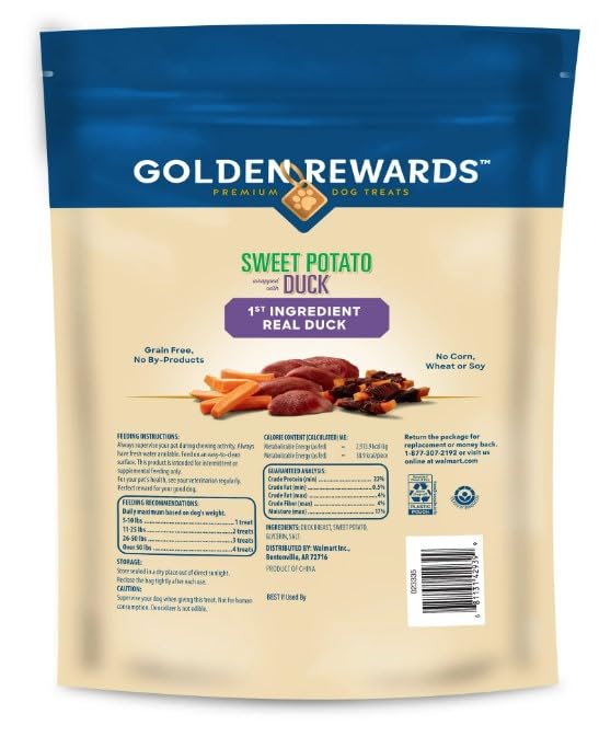 Golden Rewards Sweet Potato Wrapped with Duck Premium Treats for Dogs, 16 oz Bag