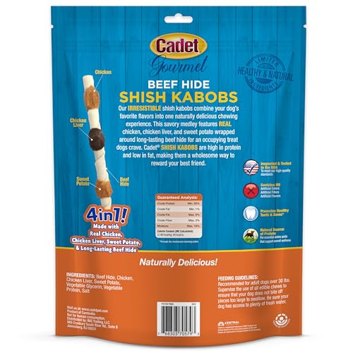 Cadet Gourmet X-Large Triple-Flavored Beef Hide Shish Kabob Dog Treats - Healthy & Natural Chicken, Liver, and Sweet Potato Dog