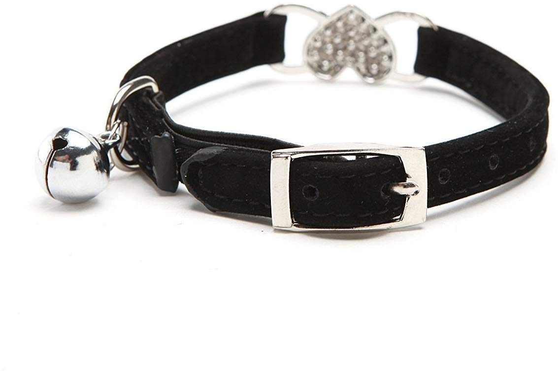 Chukchi Pink Soft Velvet Safe Cat Adjustable Collar With Crystal Heart Charm And Bells 8-11 Inches(Black+Red)