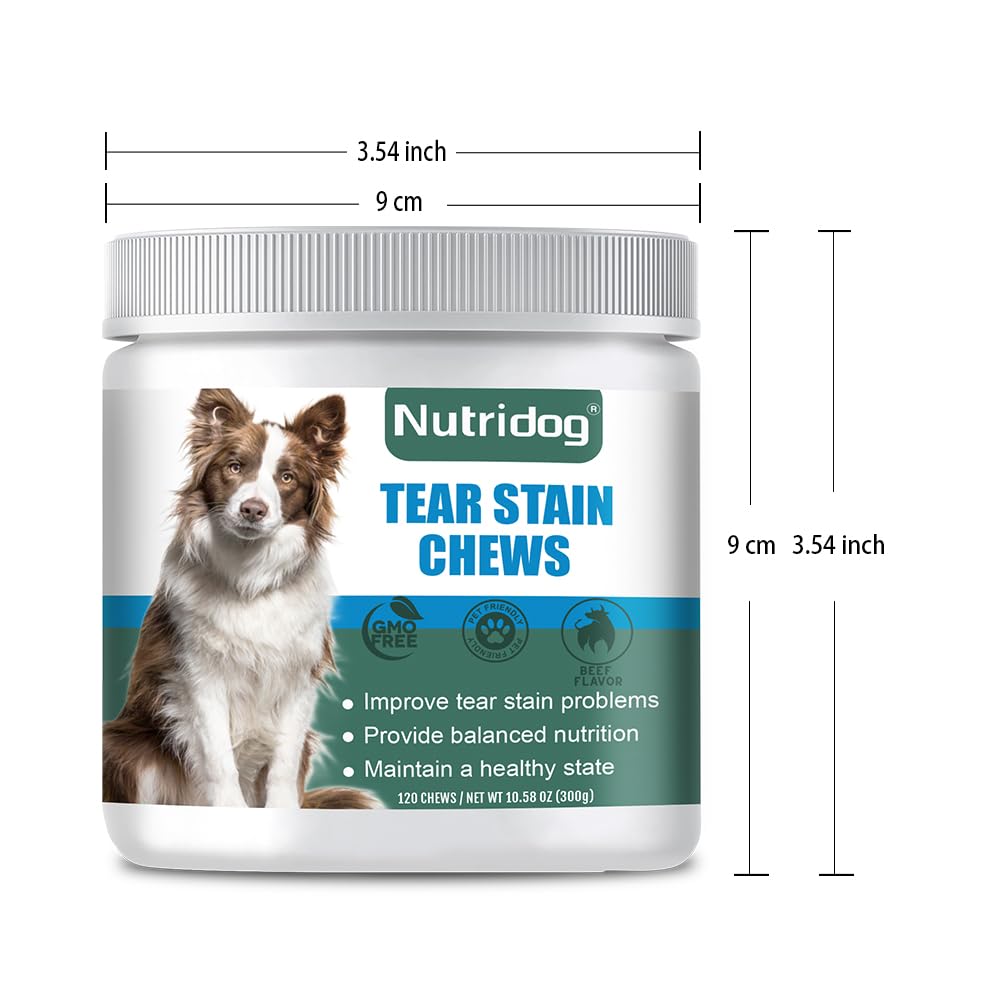 Nutridog Tear Stain Chews for Dogs - Dog Tear Stain Remover & Supplement with Antioxidant Blend, Vitamin C, Lutein - 120ct Beef