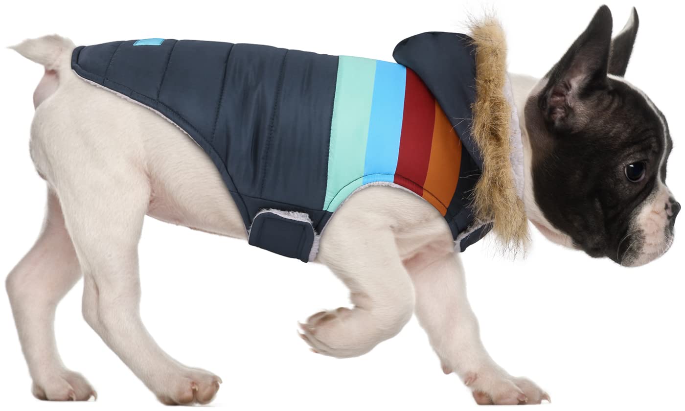 Hde Dog Puffer Jacket Fleece Lined Warm Dog Parka Winter Coat With Harness Hole Navy Retro Stripe - M