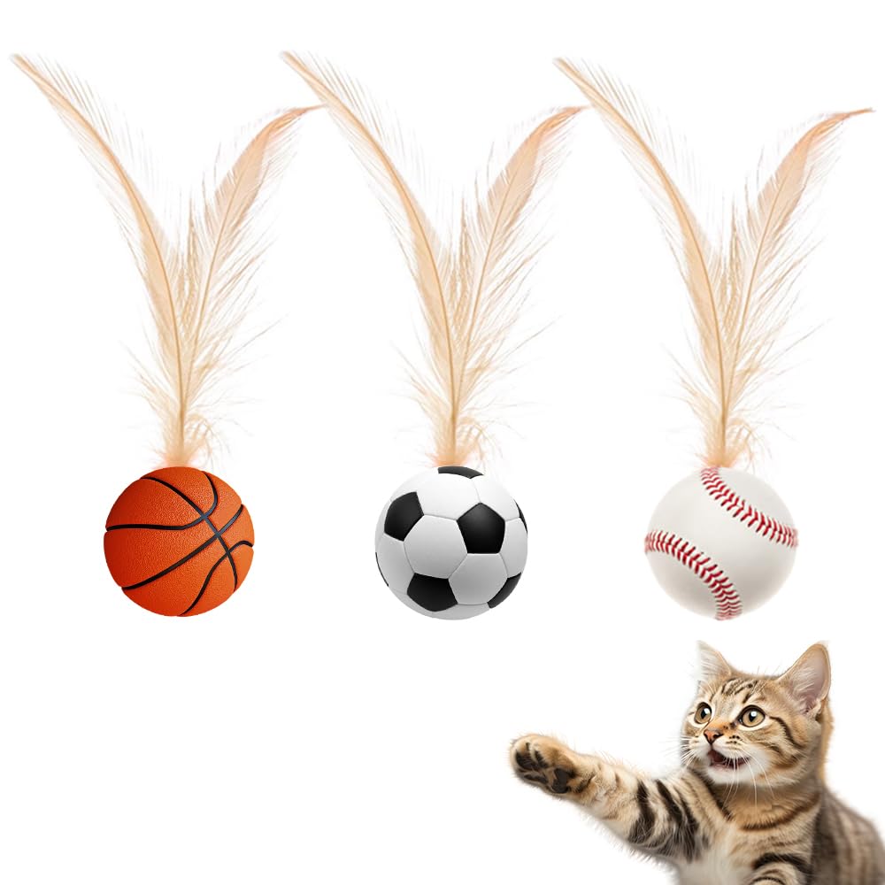 Paz'S Gift Interactive Cat Toys Set, 3 Piece Bouncing Badminton Ball With Feathers, Cat Chasing Exercise To Calm Down The Kitten