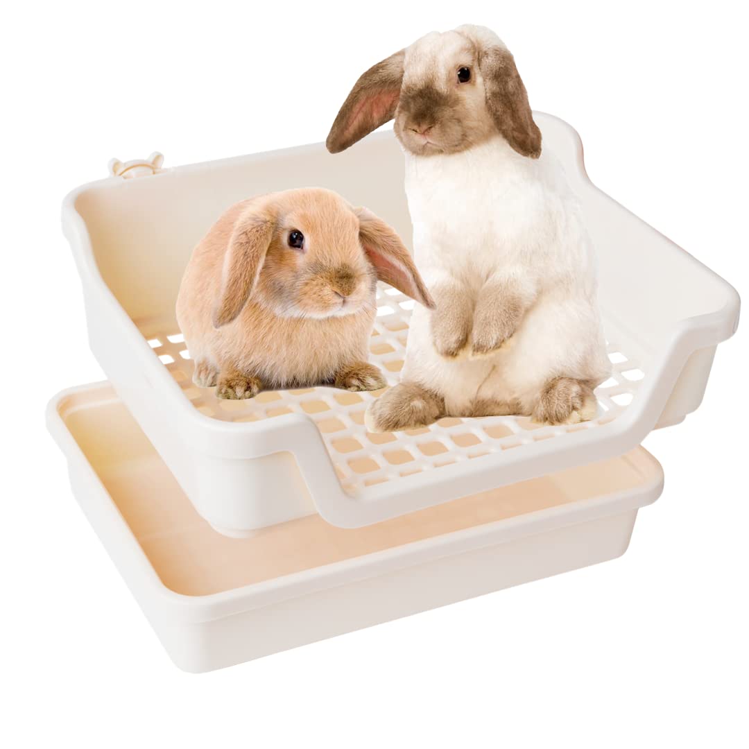 Bumbox Rabbit Large Litter Box W/Plastic Grid Safe For Bunny Feet - Training Rabbit Cage Indoor Or Outdoor For Small And Large Animal, 15.75In -Cream
