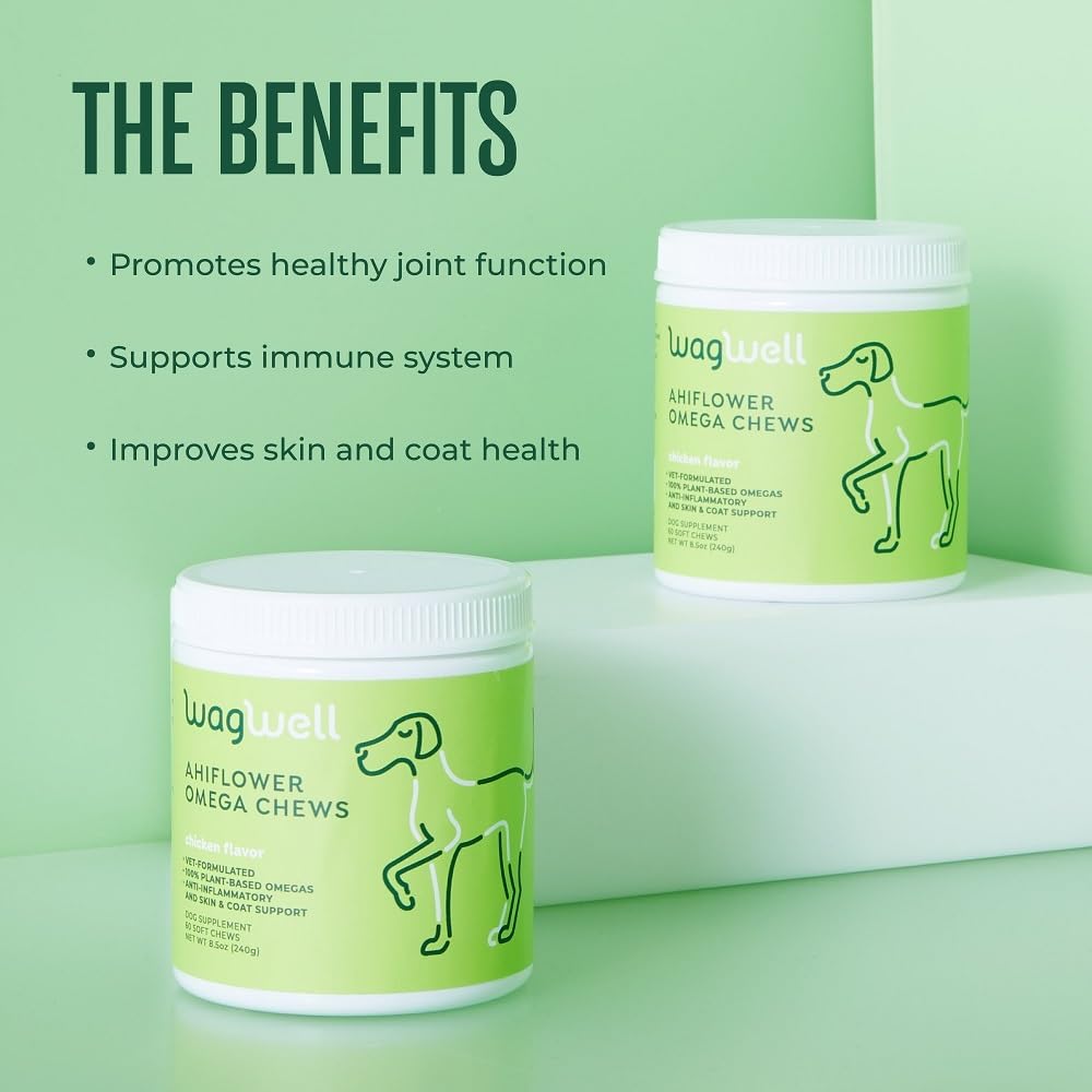 WagWell Ahiflower Omega Oil Dog Chews - Vet-Formulated Skin, Coat, Hip and Joint - Plant-Based Omega 3, 6 and 9 Supplement - Nat