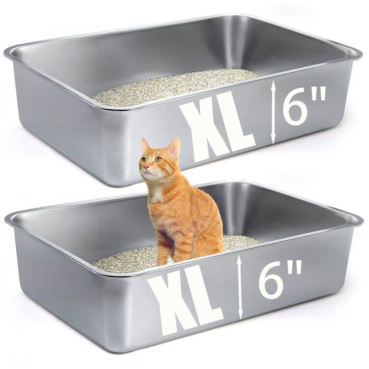 Lawei Large Stainless Steel Cat Litter Box - Metal Pan Tray With High Sides For Kitten Rabbit - Easy To Clean Pet Toilet, 23.5X1