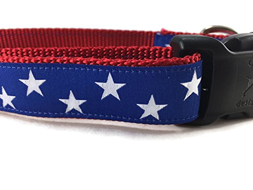 Caninedesign American Dog Collar, Stars, Red, Blue, 1 Inch Wide, Adjustable, Plastic Buckle, Quick Release, Medium And Large (Bl