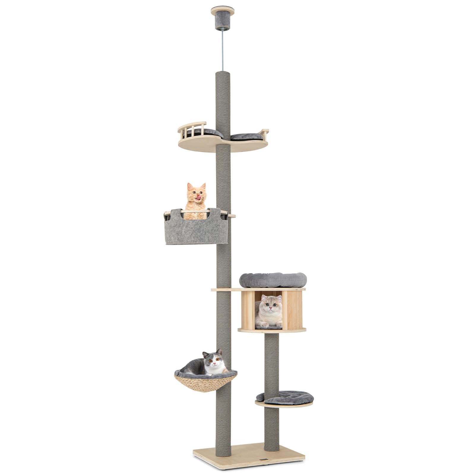 Tangkula Floor To Ceiling Cat Tree, 5 Tier Tall Cat Tower With Adjustable Height (100-110 Inch) For Large Cats, Wood Cat Climbin