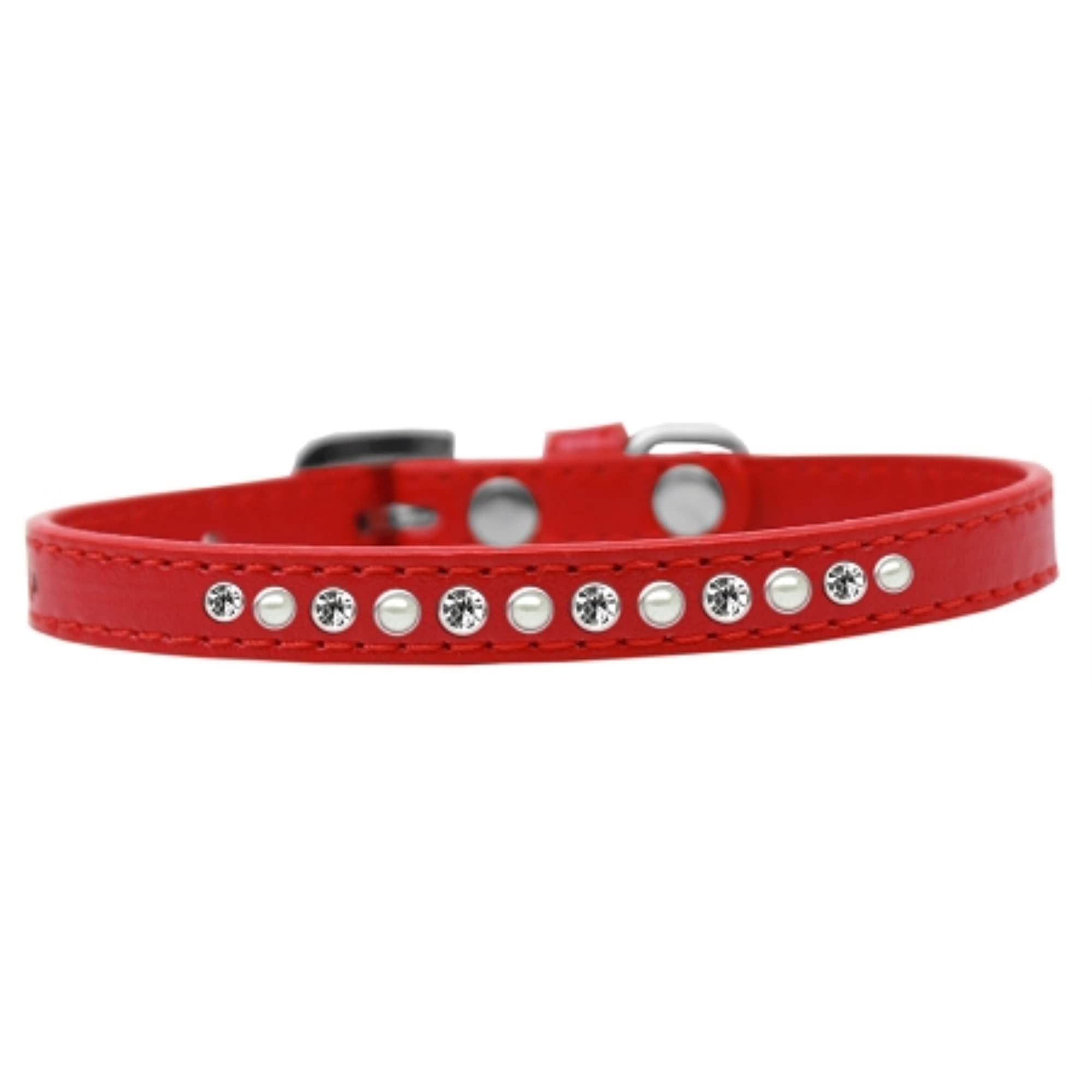 Mirage Pet Products Pearl and Clear Crystal Red Puppy Dog Collar, Size 16