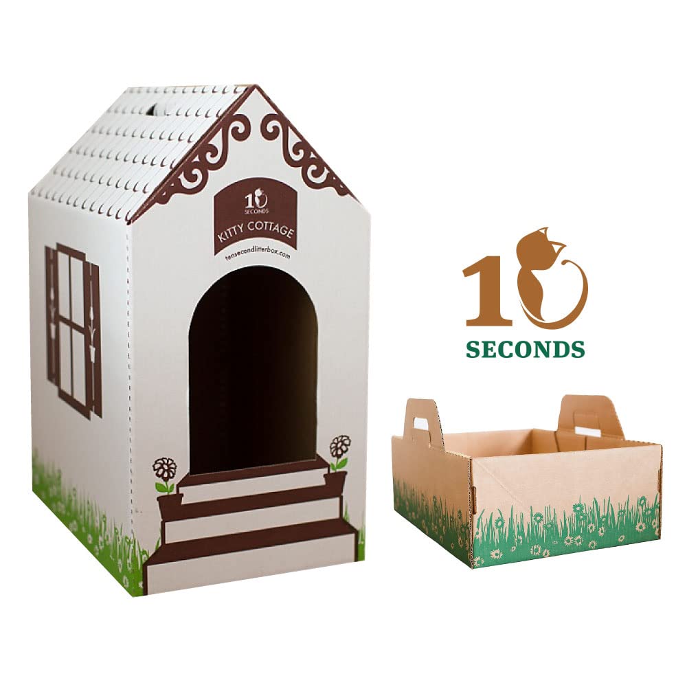 Disposable Ten Second Litter Boxes For Kitty/Cats (10 Count + 1 Cottage). Biodegradable Solution For Quick And Easy Disposal. Made Of Recyclable Material. (10-Pack + Cottage)