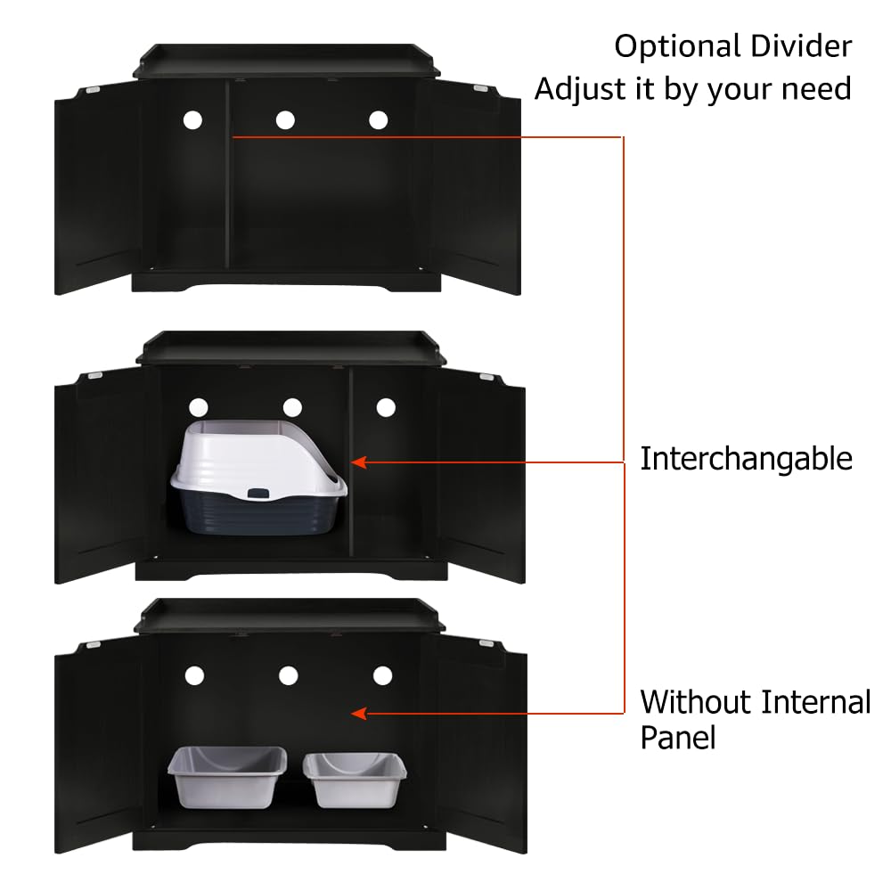unipaws Black Cat Litter Box Enclosure Furniture, Kitty Hidden Litter Box Cover, Concealed Litter Box Cabinet, Dog Proof Cat Lit