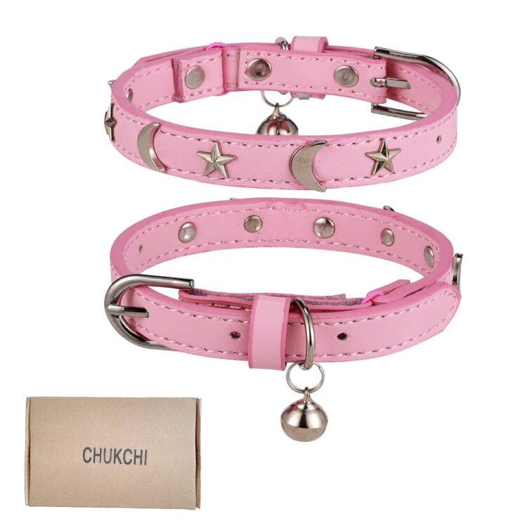 Chukchi Leather Cat Collars For Boy Girl Cats With Bell And Safety Elastic Belt, Personalized Star And Moon Stud Adjustable Safe