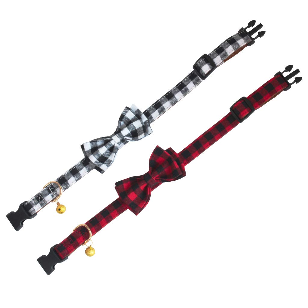 Kudes Plaid Dog Collar With Bow, 2 Pack/Set Adjustable Dog Bow Tie Collars With Bell, Best Pet Gift For Small Medium Large Girl And Boy Dogs, Red & Black