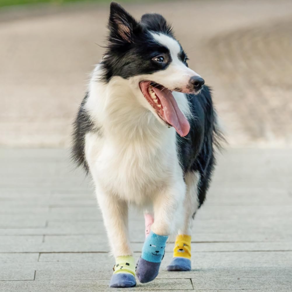 Paipeper 4 Pairs Anti-Slip Dog Socks,Prevent Licking, Paw Protector,Traction Control Indoor For Small Medium Dogs(Pink+Blue-Xxs)